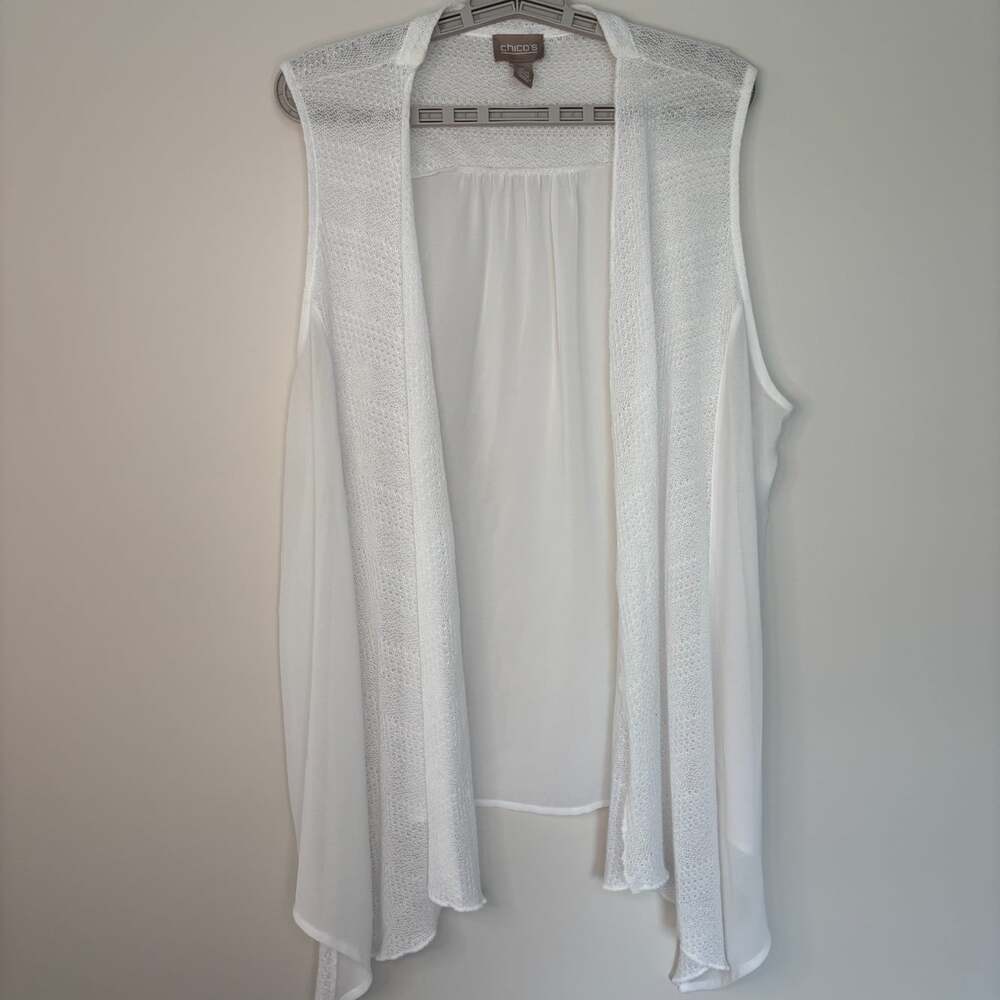Chico's sleeveless open front cardigan womens L white lightweight flowy crochet